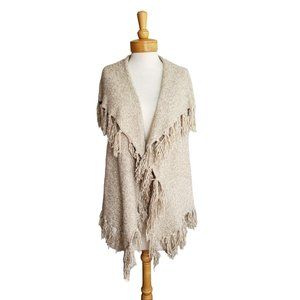 Kensie Knit Shawl Sweater Vest w/Fringe Marled Tan/Beige Boho Cozy Sz XS